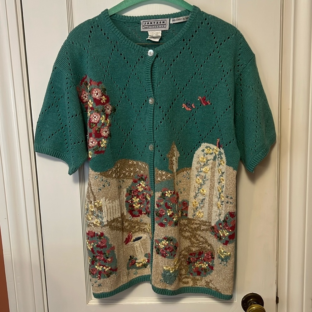 Vintage Jantzen’s Floral Teal Sweater Short Sleeve Cottagecore Size L